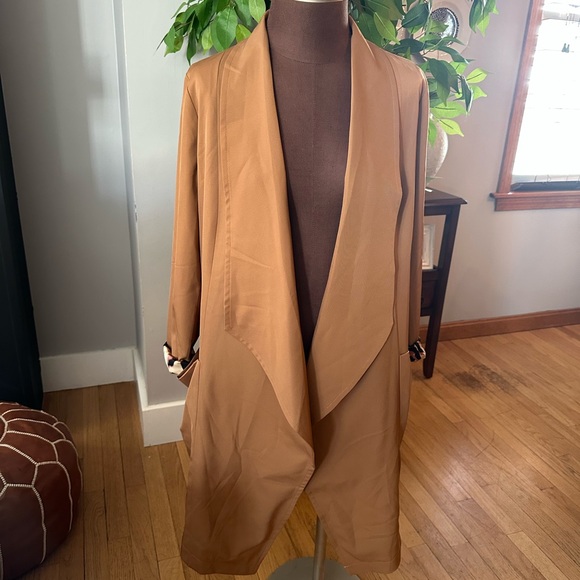 Amaryllis Jackets & Blazers - Amaryllis Waterfall Front Trench Coat- Women's Tan Open Front Jacket